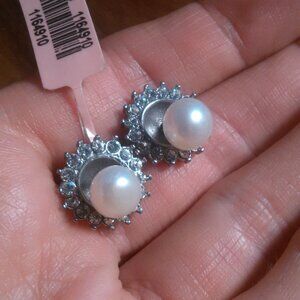 White Shell Pearl and White Crystal Jacket Stainless Steel Stud Earrings